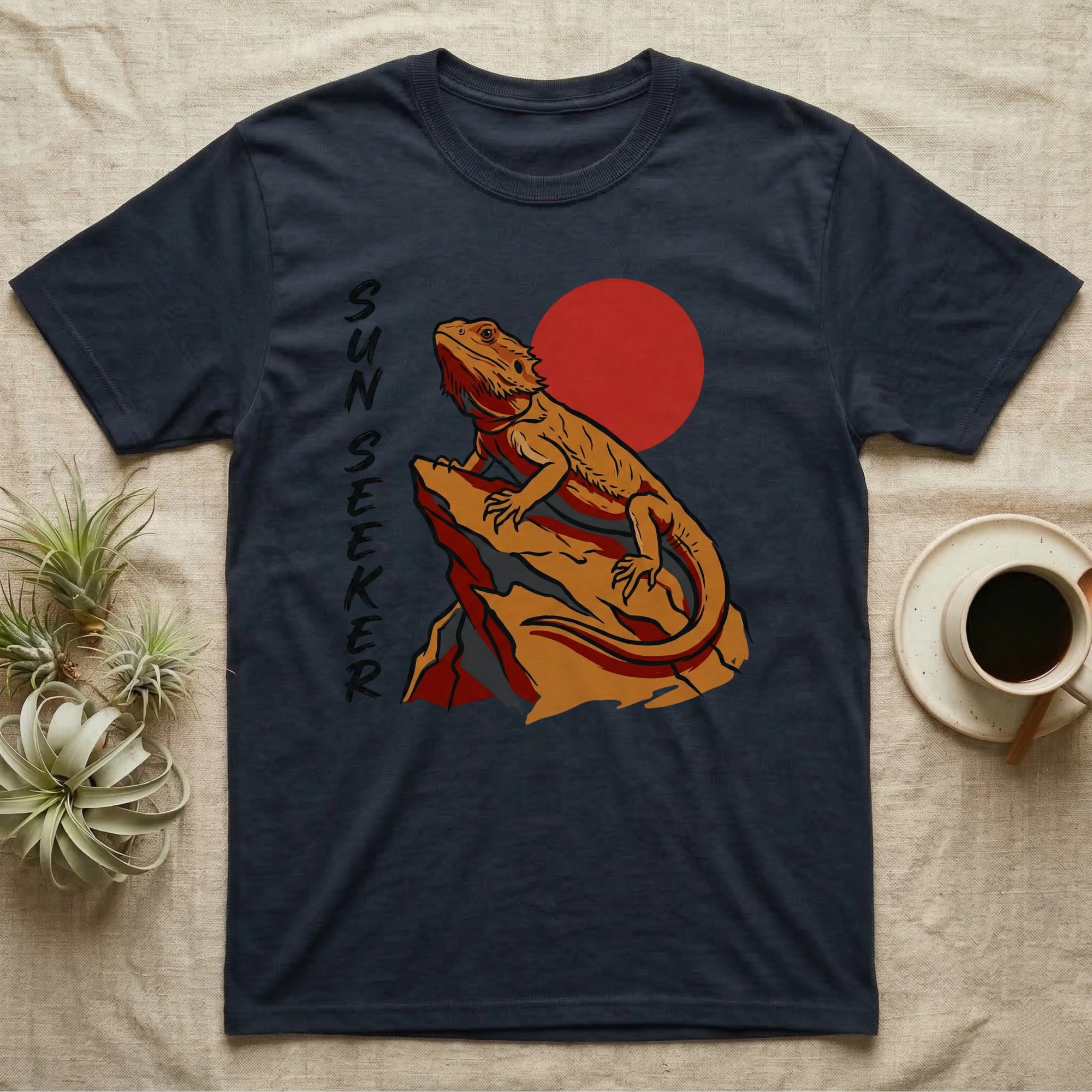 Bearded dragon on rock with red sun behind, "SUN SEEKER" text.