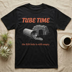 Corn Snake Tube T-Shirt in Black — Engraved corn snake lounging in a cardboard tube beside an empty rock hide, under retro script reading TUBE TIME.