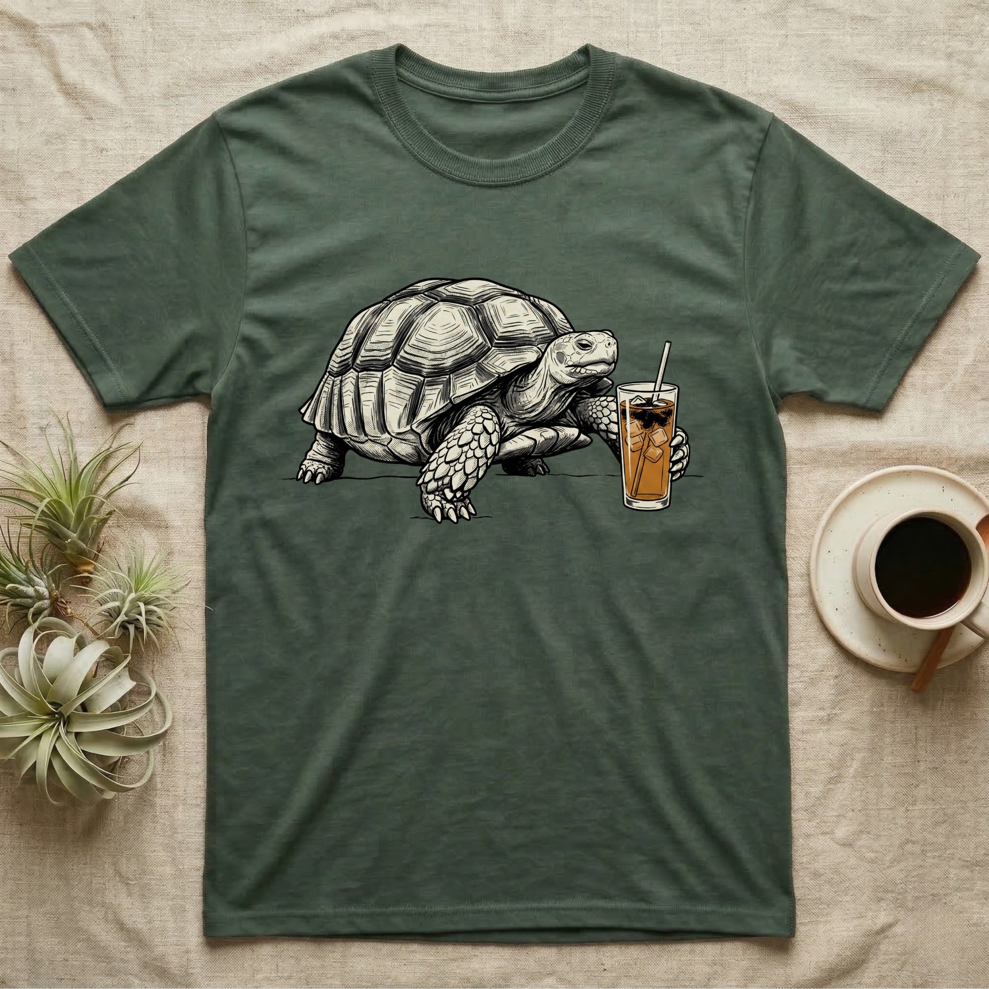 Slow Drip Tortoise T-Shirt in Military Green — Flat meme-style illustration of a sulcata tortoise reaching slowly toward a tall iced slow-drip coffee.