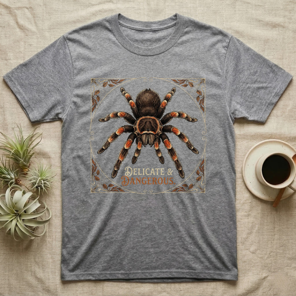 Grey t-shirt with tarantula graphic and "DELICATE & DANGEROUS" text.
