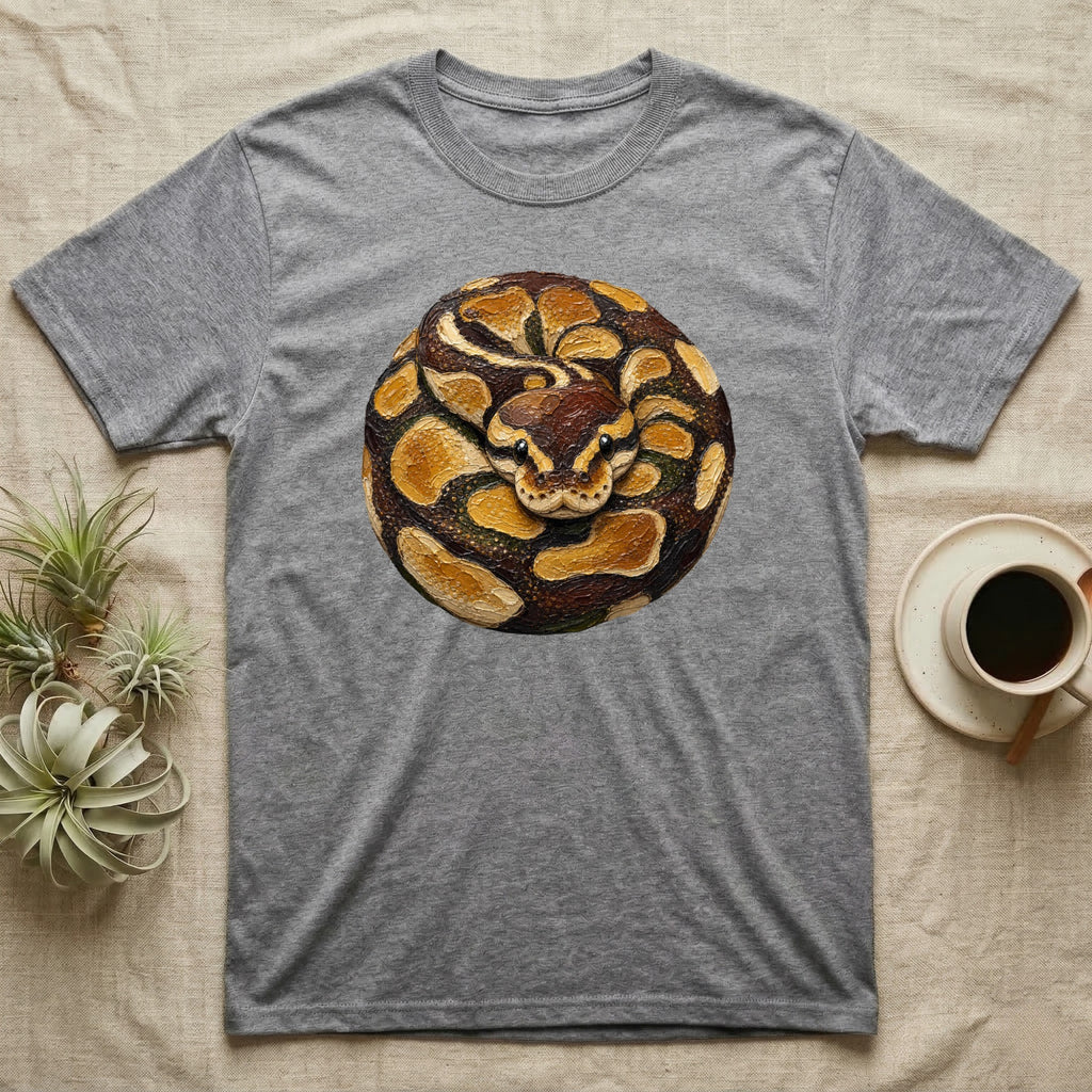 Gray t-shirt with a coiled, detailed python snake illustration on the chest.