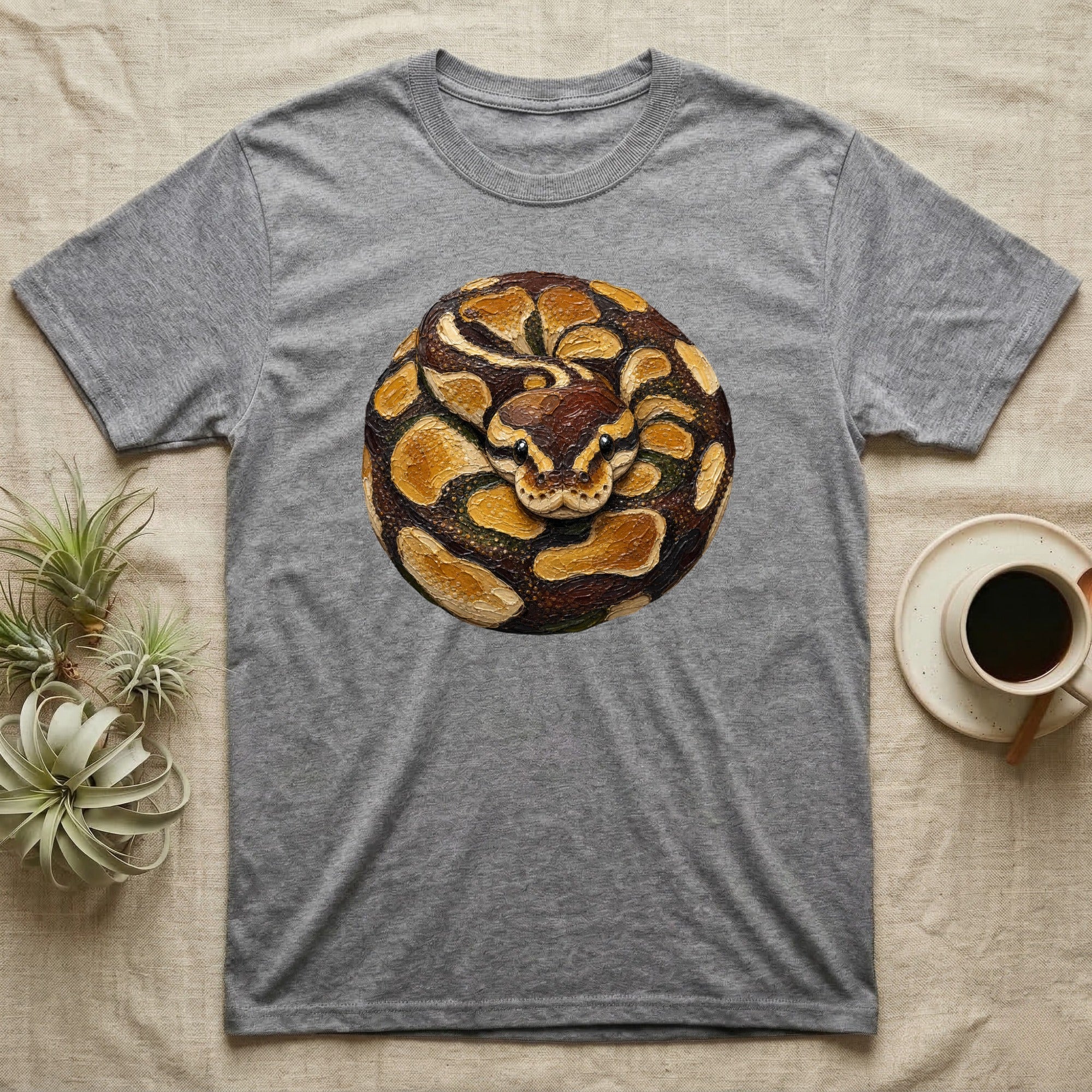 Gray t-shirt with a coiled, detailed python snake illustration on the chest.