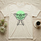 Cream t-shirt with minimalist green moth design and circle.