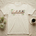 Bearded Dragon Beard States T-Shirt in Natural — Watercolour illustration of four bearded dragons on a branch, each with a different beard and mouth state.