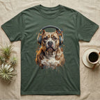 T-shirt with pit bull wearing headphones, rendered in watercolor style.