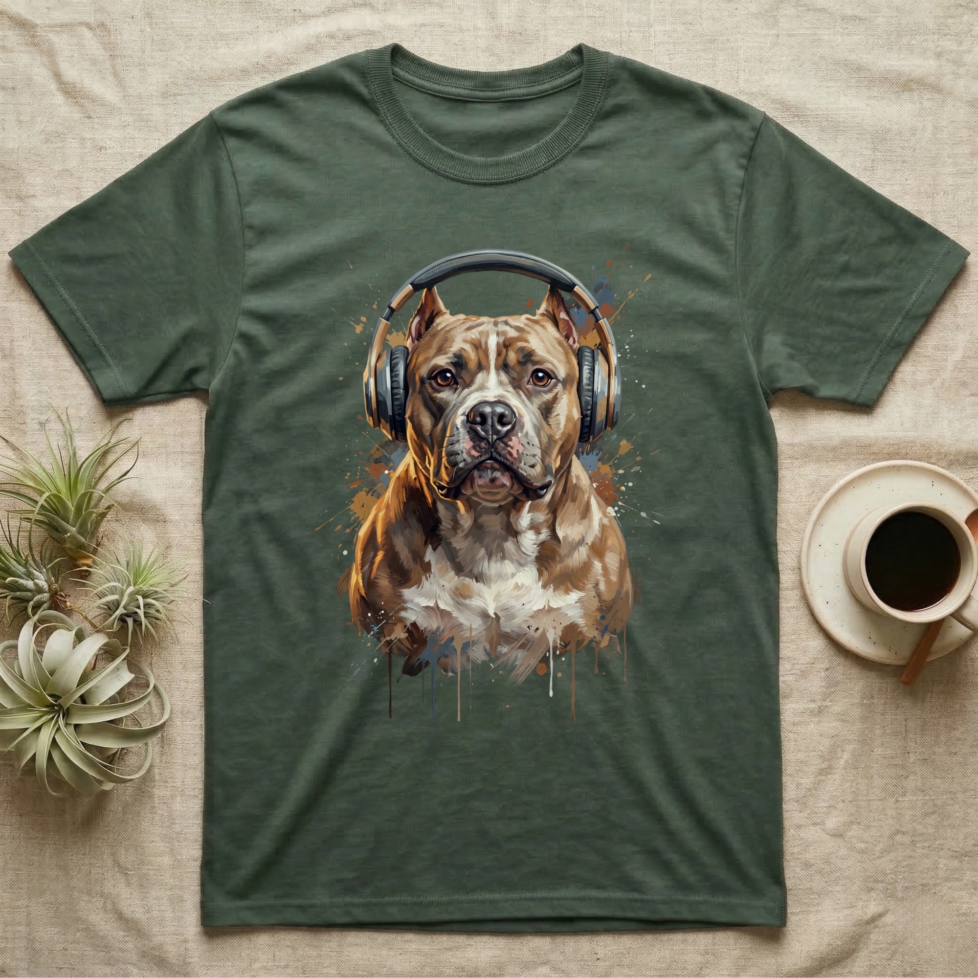 T-shirt with pit bull wearing headphones, rendered in watercolor style.