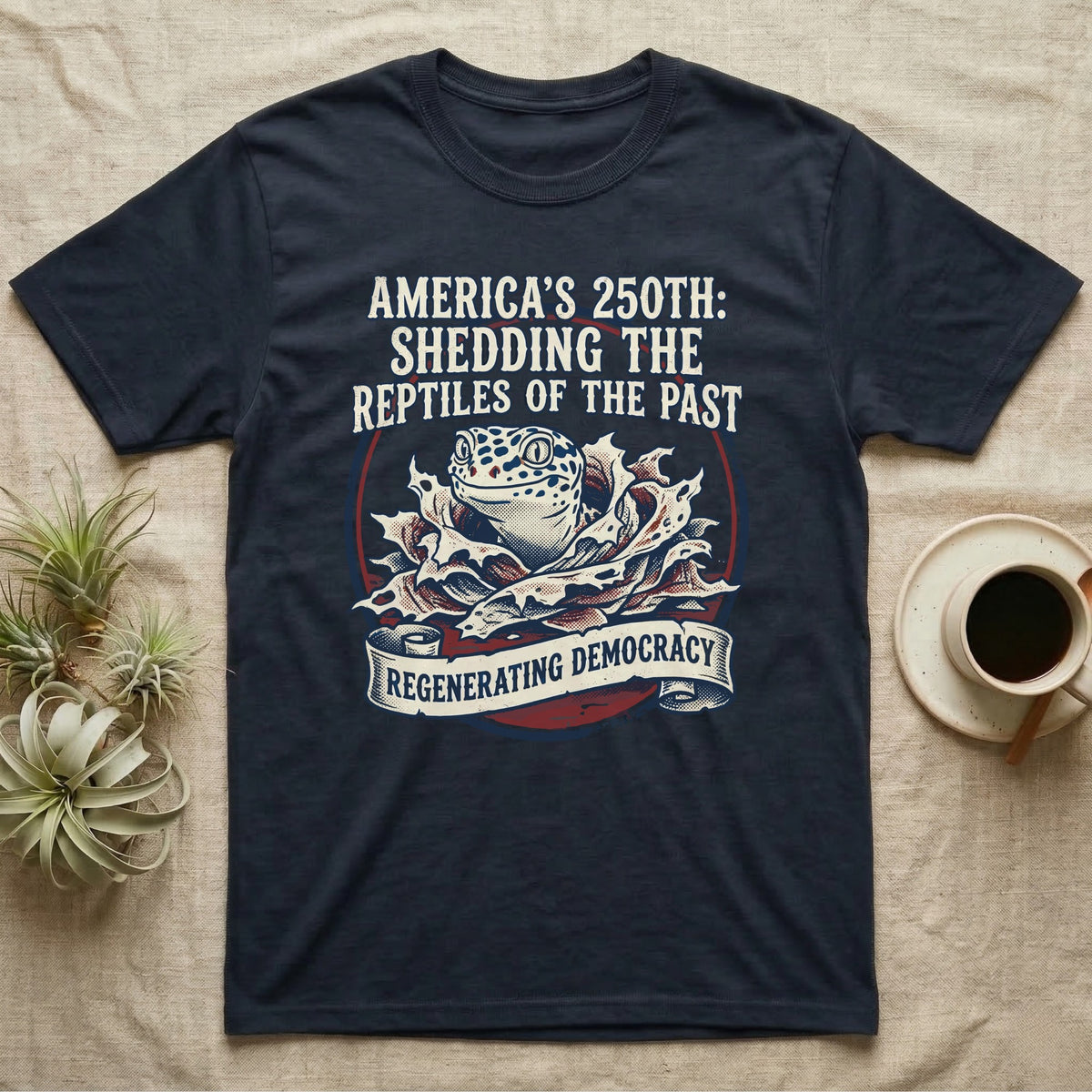 Leopard Gecko Shedding Tee in Navy — Vintage badge of a leopard gecko emerging from its shed skin, navy and red emblem reading Shedding The Reptiles Of The Past, on black.