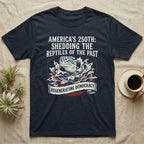 Leopard Gecko Shedding Tee in Navy — Vintage badge of a leopard gecko emerging from its shed skin, navy and red emblem reading Shedding The Reptiles Of The Past, on black.