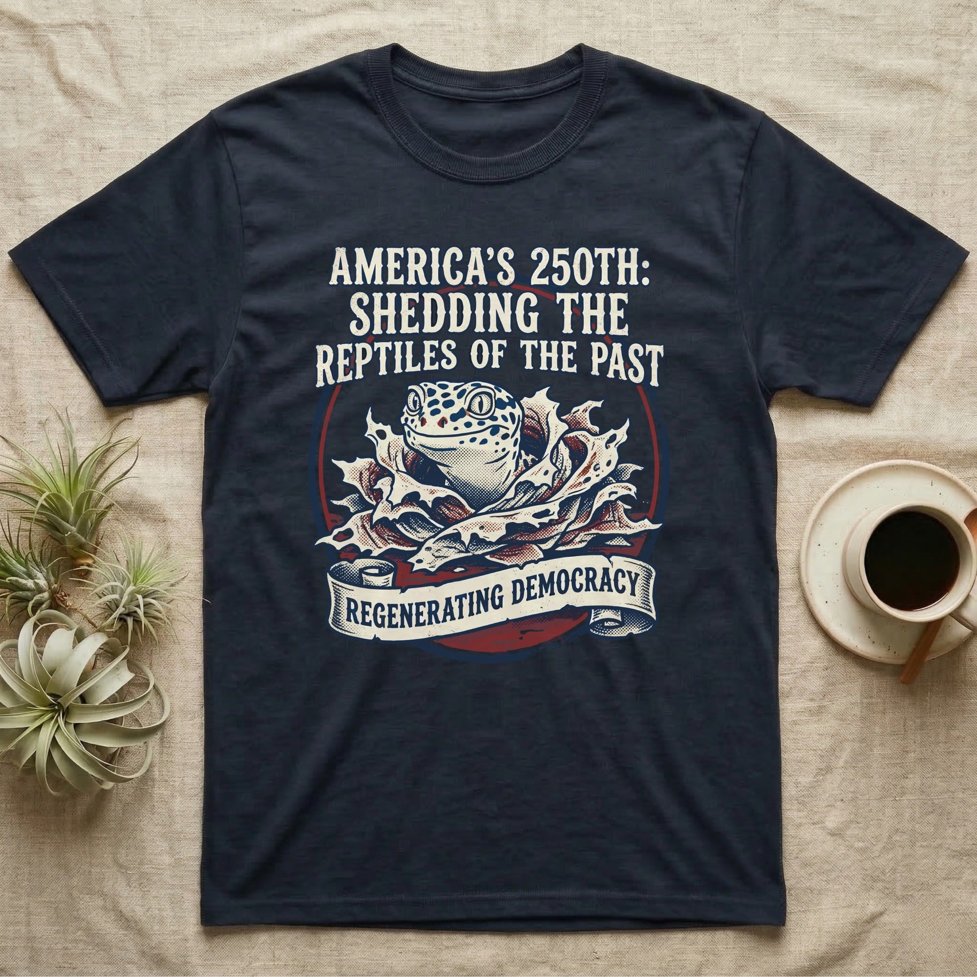 Leopard Gecko Shedding Tee in Navy — Vintage badge of a leopard gecko emerging from its shed skin, navy and red emblem reading Shedding The Reptiles Of The Past, on black.