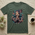 Green t-shirt featuring a colorful watercolor octopus wearing headphones.