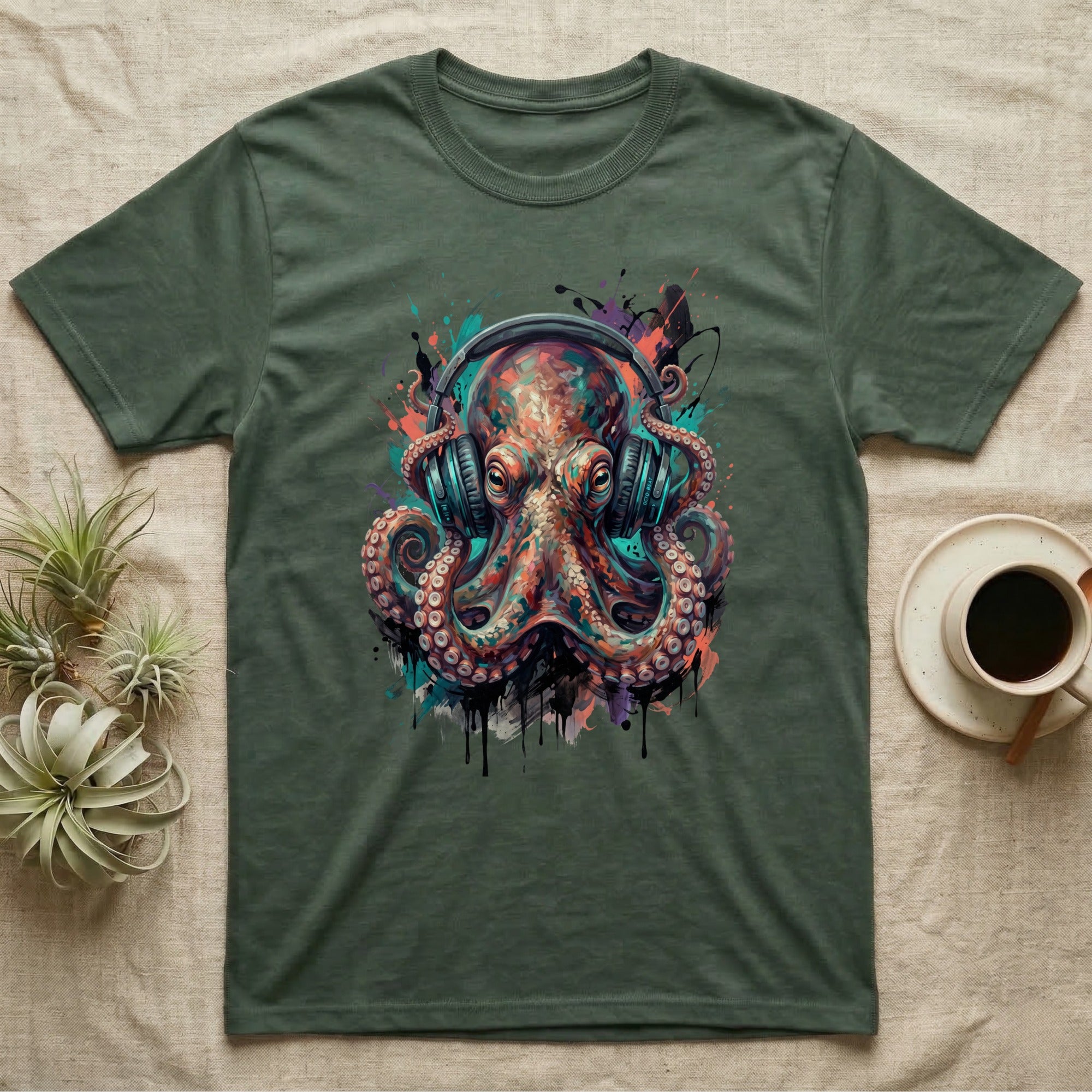 Green t-shirt featuring a colorful watercolor octopus wearing headphones.