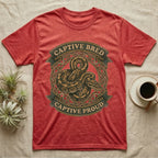 Ball Python Breeder Crest T-Shirt in Heather Red — Vintage heraldic crest of a coiled morph ball python with captive bred captive proud banner text.