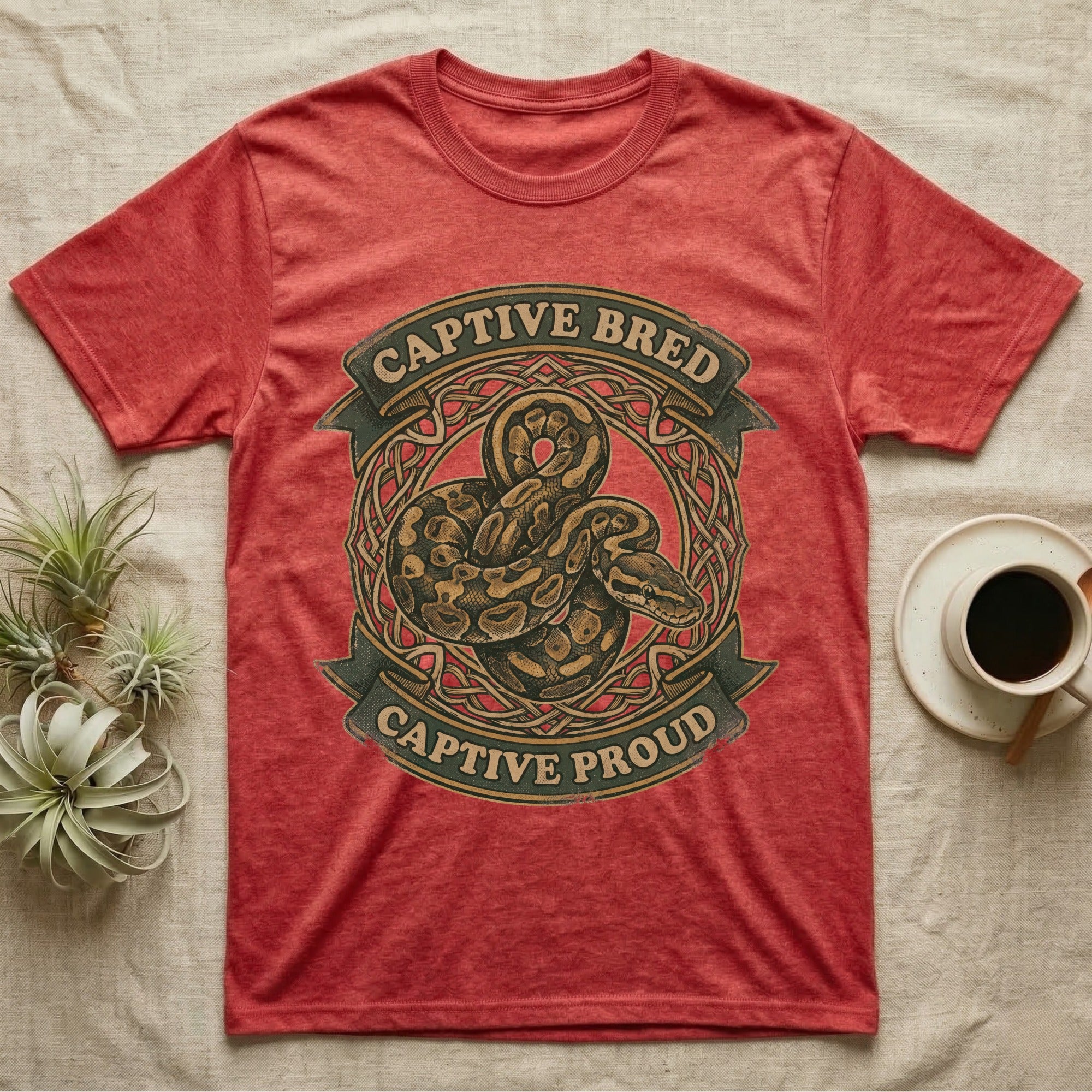 Ball Python Breeder Crest T-Shirt in Heather Red — Vintage heraldic crest of a coiled morph ball python with captive bred captive proud banner text.