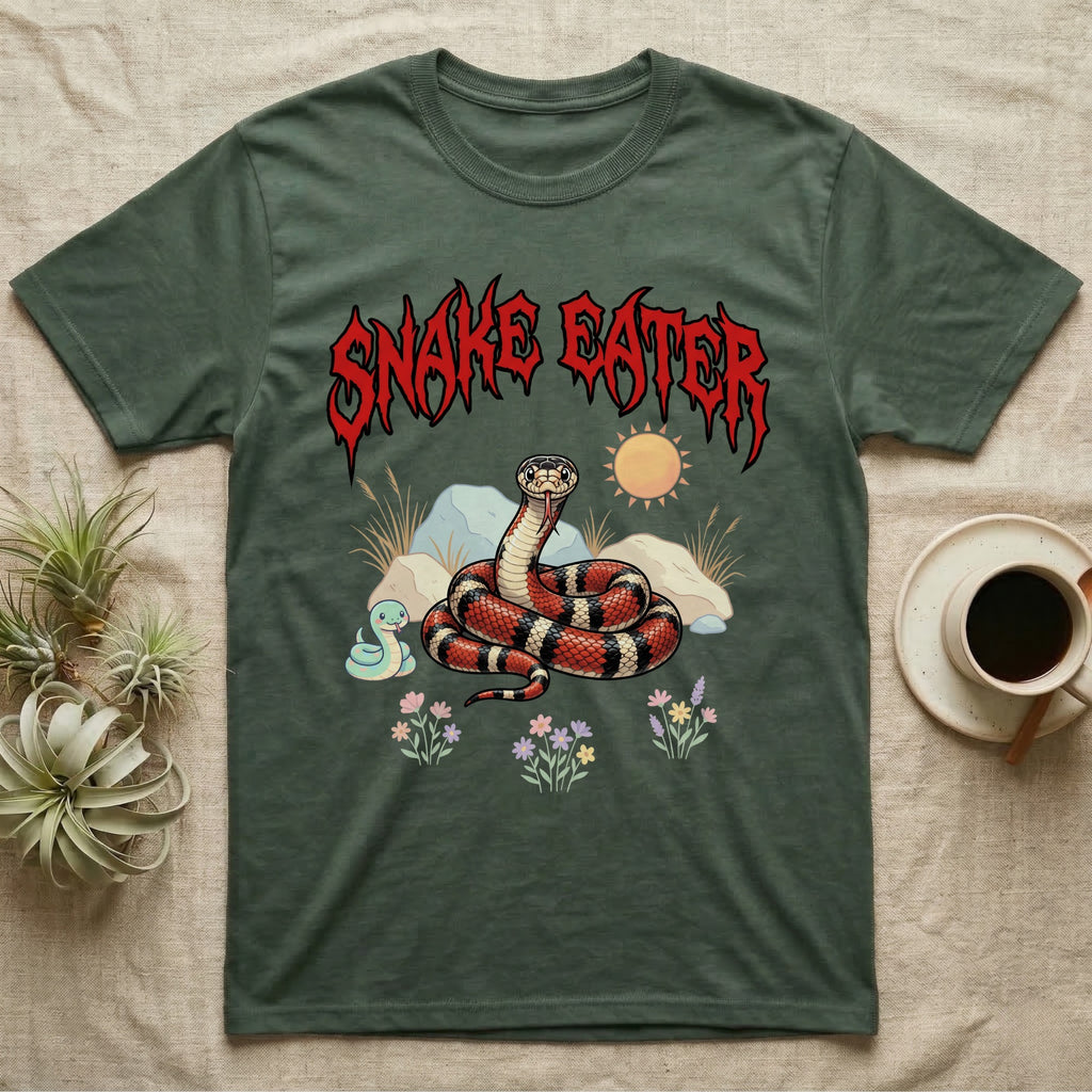 California Kingsnake Feral T-Shirt in Military Green — Banded California kingsnake coiled with a tiny companion snake under a jagged blood-red metal wordmark and pastel scene.