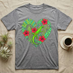 Grey t-shirt featuring a vibrant heart design with a green gecko, hibiscus flowers, and tropical leaves.