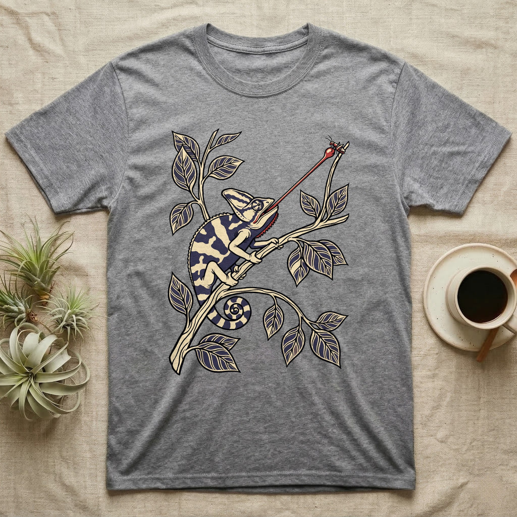 Veiled Chameleon The Strike T-Shirt in Sport Grey — Ukiyo-e style woodblock illustration of a veiled chameleon mid-tongue-strike among foliage.