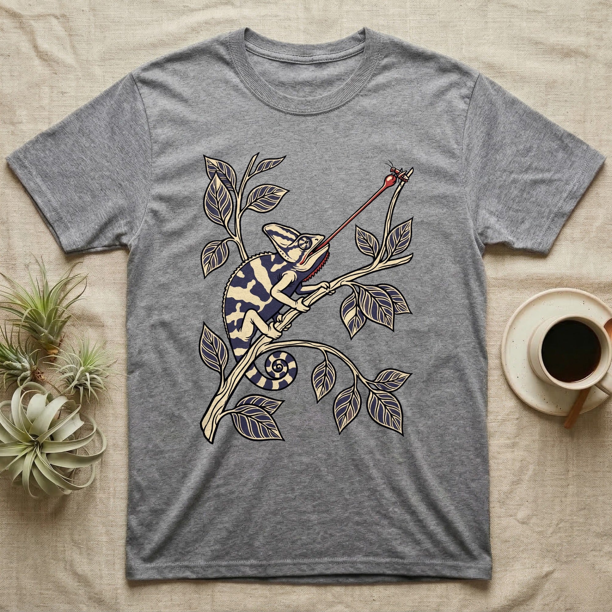 Veiled Chameleon The Strike T-Shirt in Sport Grey — Ukiyo-e style woodblock illustration of a veiled chameleon mid-tongue-strike among foliage.