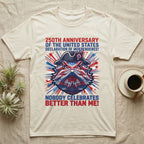 Bearded Dragon Fireworks T-Shirt in Natural — Pop-art bearded dragon head in a tricorn hat amid red-white-blue fireworks under Nobody Celebrates Better Than Me.