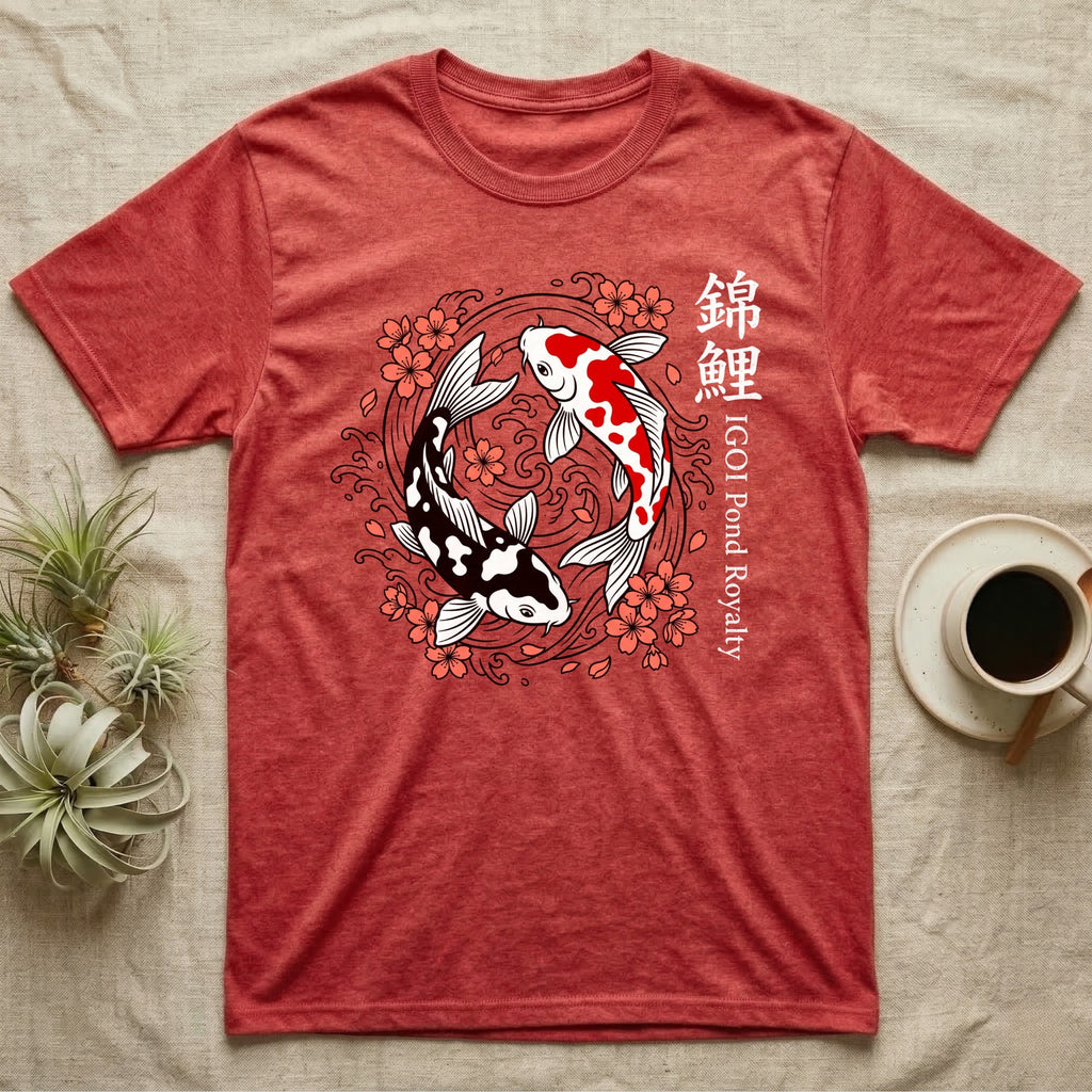 Red t-shirt with black and white koi fish and Japanese text.
