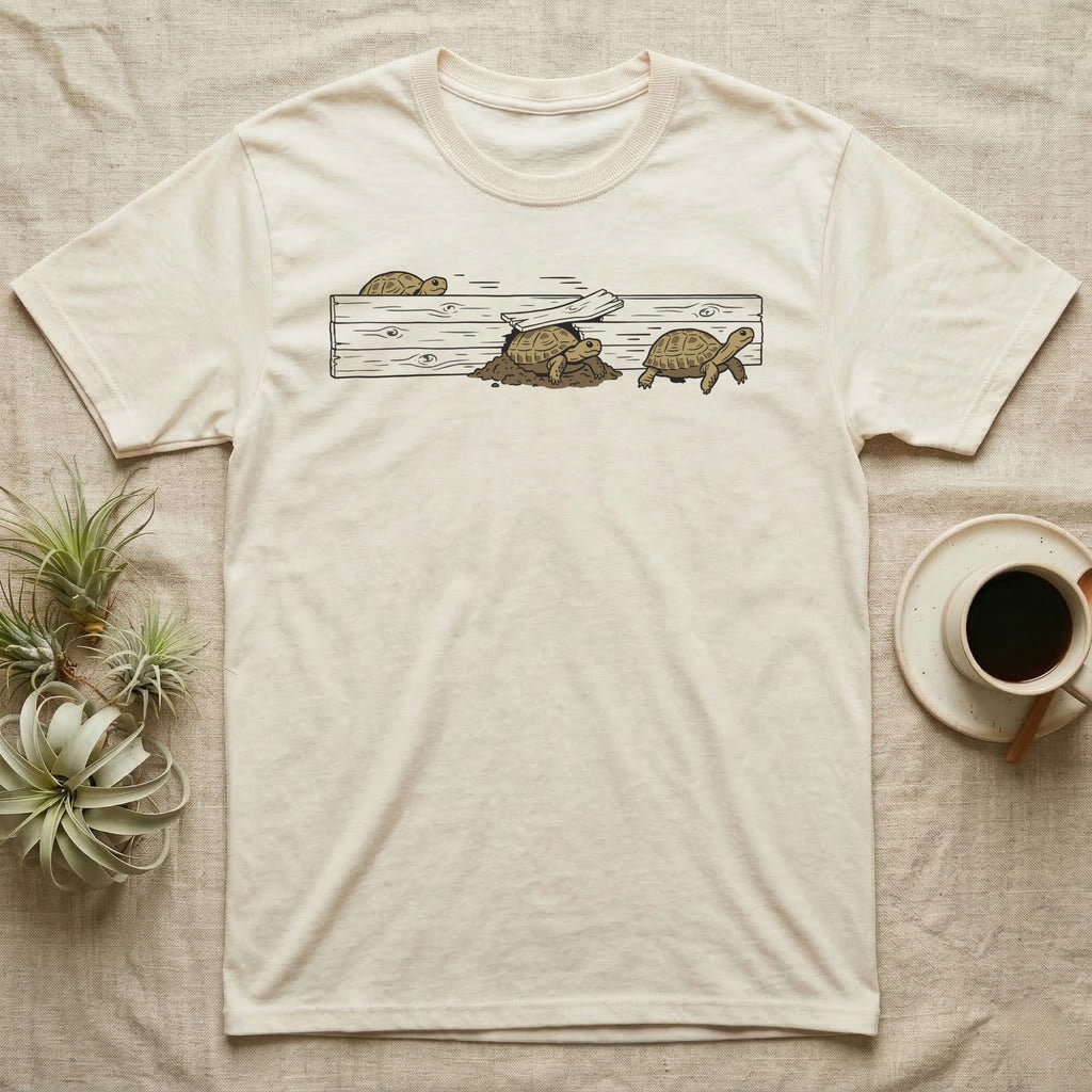 Russian Tortoise Escape Artist T-Shirt in Natural — Clean ink run-cycle illustration of a Russian tortoise escaping its wooden tortoise-table enclosure in three phases.