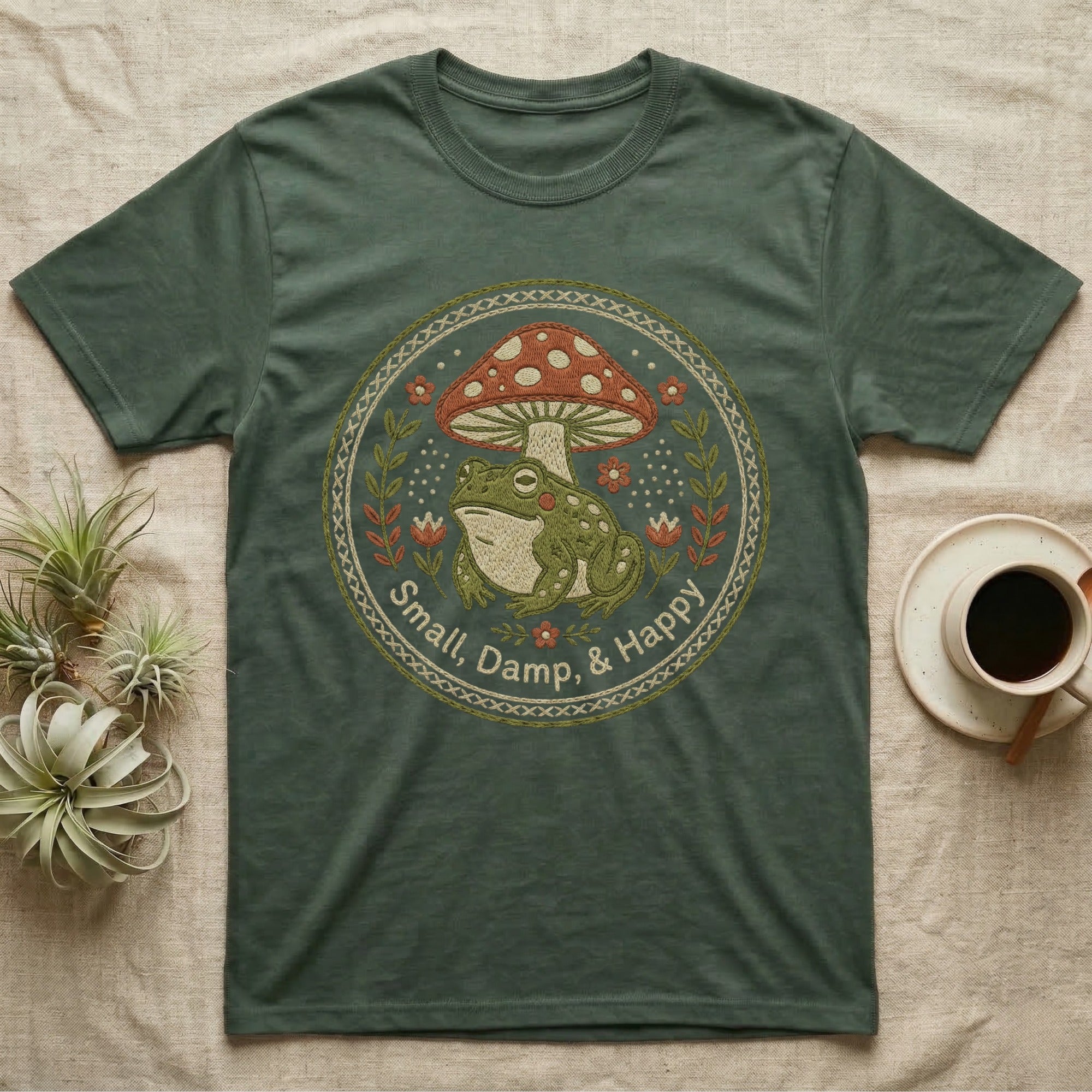 Green t-shirt with a circular graphic of a frog, mushroom, and text "Small, Damp, & Happy".