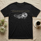 Black t-shirt with white "THE SCALY DOG" text and lizard graphic.