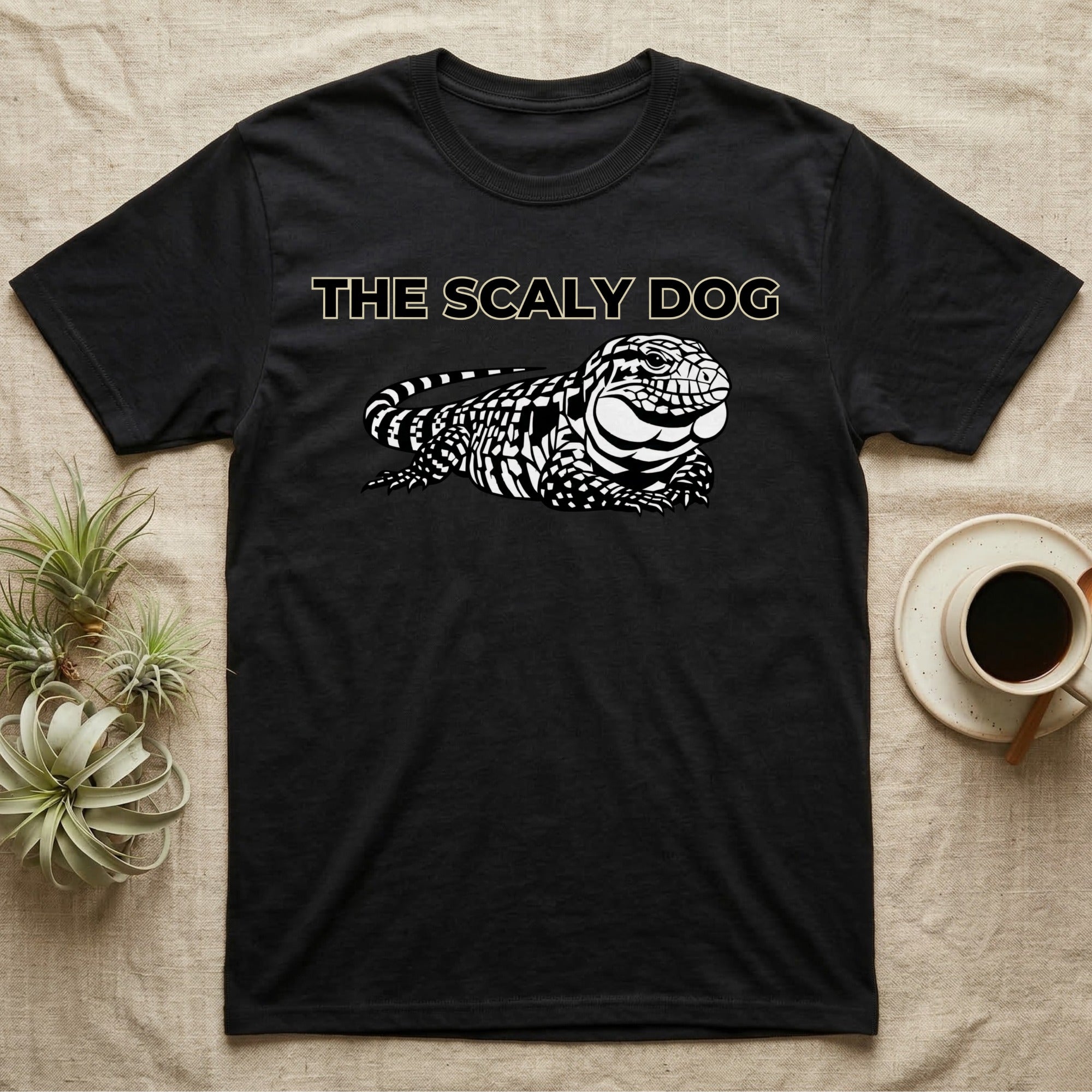 Black t-shirt with white "THE SCALY DOG" text and lizard graphic.