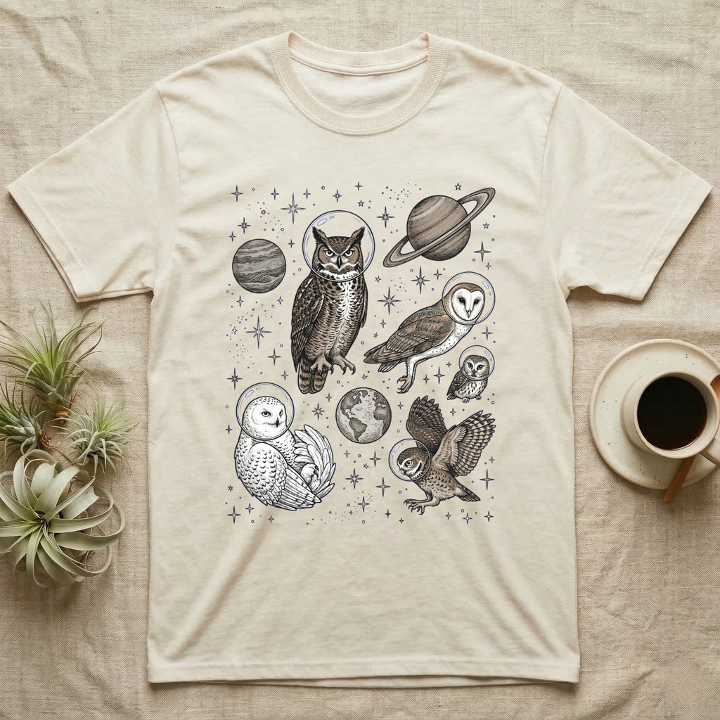 Cream t-shirt with astronaut owls and planets design.