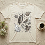 Cream t-shirt with astronaut owls and planets design.
