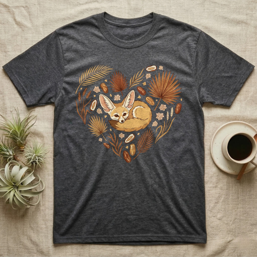 Dark gray t-shirt with a heart-shaped nature design featuring a fennec fox.