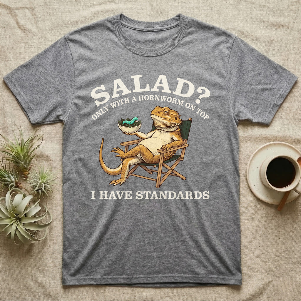 Bearded Dragon Standards T-Shirt in Sport Grey — Engraved bearded dragon in a camp chair holding greens topped with a hornworm under text Salad? Only With a Hornworm on Top