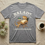 Bearded Dragon Standards T-Shirt in Sport Grey — Engraved bearded dragon in a camp chair holding greens topped with a hornworm under text Salad? Only With a Hornworm on Top
