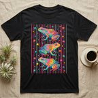 Dart Frog Disco Stripes T-Shirt in Black — Three rainbow poison dart frog morphs stacked on a pink-and-cream candy-stripe field with scattered stars.