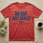 Rattlesnake No Cap T-Shirt in Heather Red — Big distressed text No Cap Just Scales over a tiny snake in a red top hat with 250 Years of Free-Hiss below.