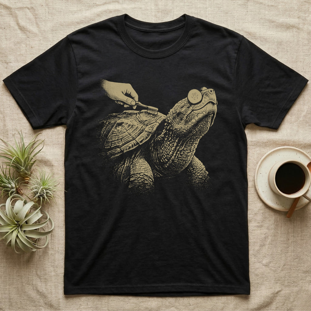 Snapping Turtle Spa T-Shirt in Black — Single-ink snapping turtle with cucumber slices on its eyes, chin up, while a hand scrubs its shell with a toothbrush.