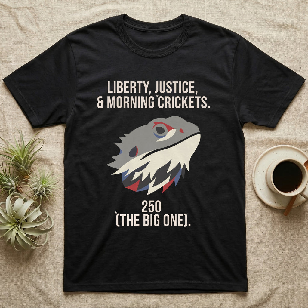 Bearded Dragon Low Poly T-Shirt in Black — Low-poly faceted bearded dragon head in muted tones with text Liberty, Justice and Morning Crickets, 250 The Big One.