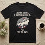 Bearded Dragon Low Poly T-Shirt in Black — Low-poly faceted bearded dragon head in muted tones with text Liberty, Justice and Morning Crickets, 250 The Big One.