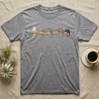 Gargoyle Gecko Canopy Crew T-Shirt in Sport Grey — Watercolor illustration of seven gargoyle gecko colour morphs on a mossy branch, dark grey T-shirt design.