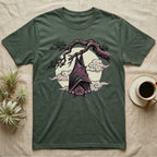 Green t-shirt with a bat hanging from a branch against a moon and clouds.