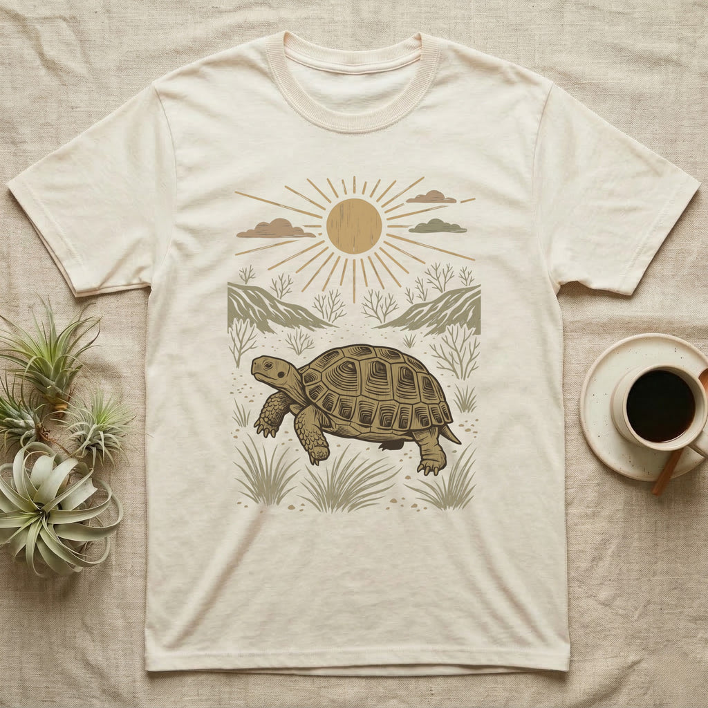 Russian Tortoise Home Range T-Shirt in Natural — Woodcut-style illustration of a Russian tortoise walking across gravelly steppe under a full sun with dry hills behind, no on-shirt text.