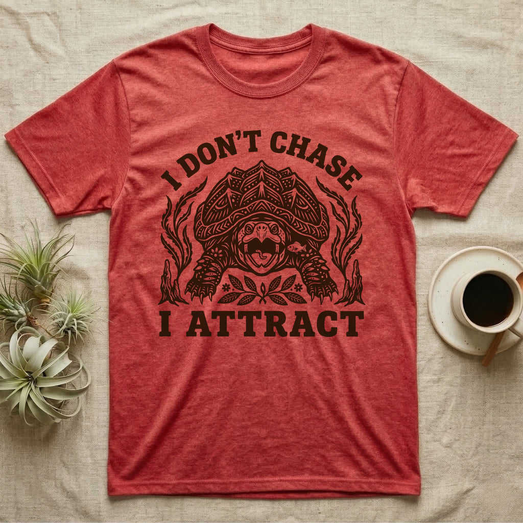 Alligator Snapper Lure T-Shirt in Heather Red — Folk-print alligator snapping turtle, jaws open, tongue lure out, a fish swimming in, text I Don't Chase I Attract