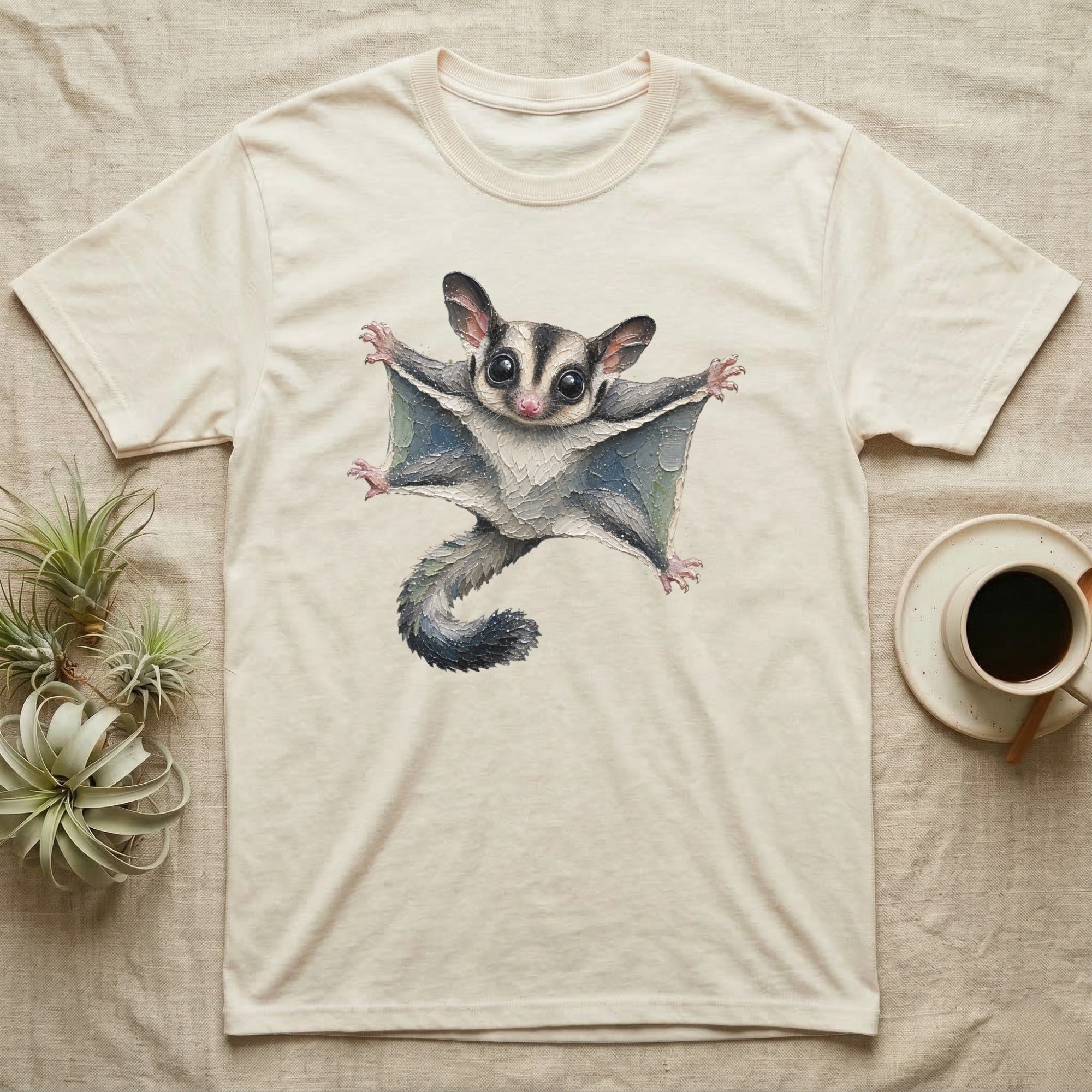 Cream t-shirt with flying sugar glider illustration and coffee cup.