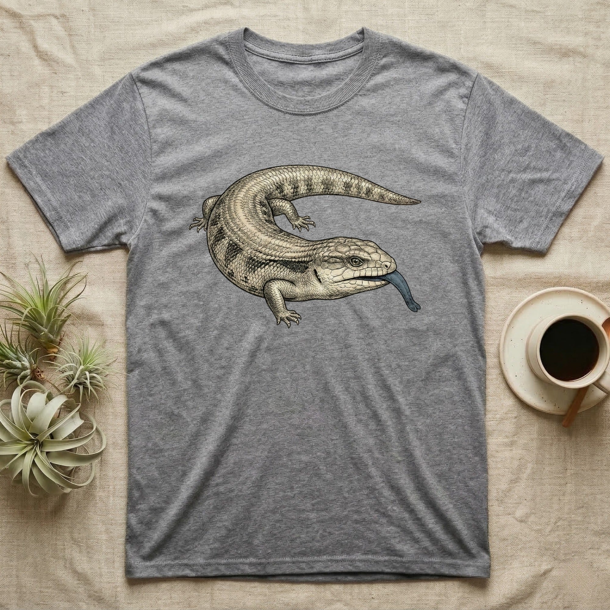 Grey t-shirt with a blue-tongued skink illustration.