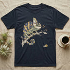 Veiled Chameleon Diet T-Shirt in Navy — Ukiyo-e woodblock illustration of a veiled chameleon extending its tongue, with a deadpan serif caption beneath the subject.