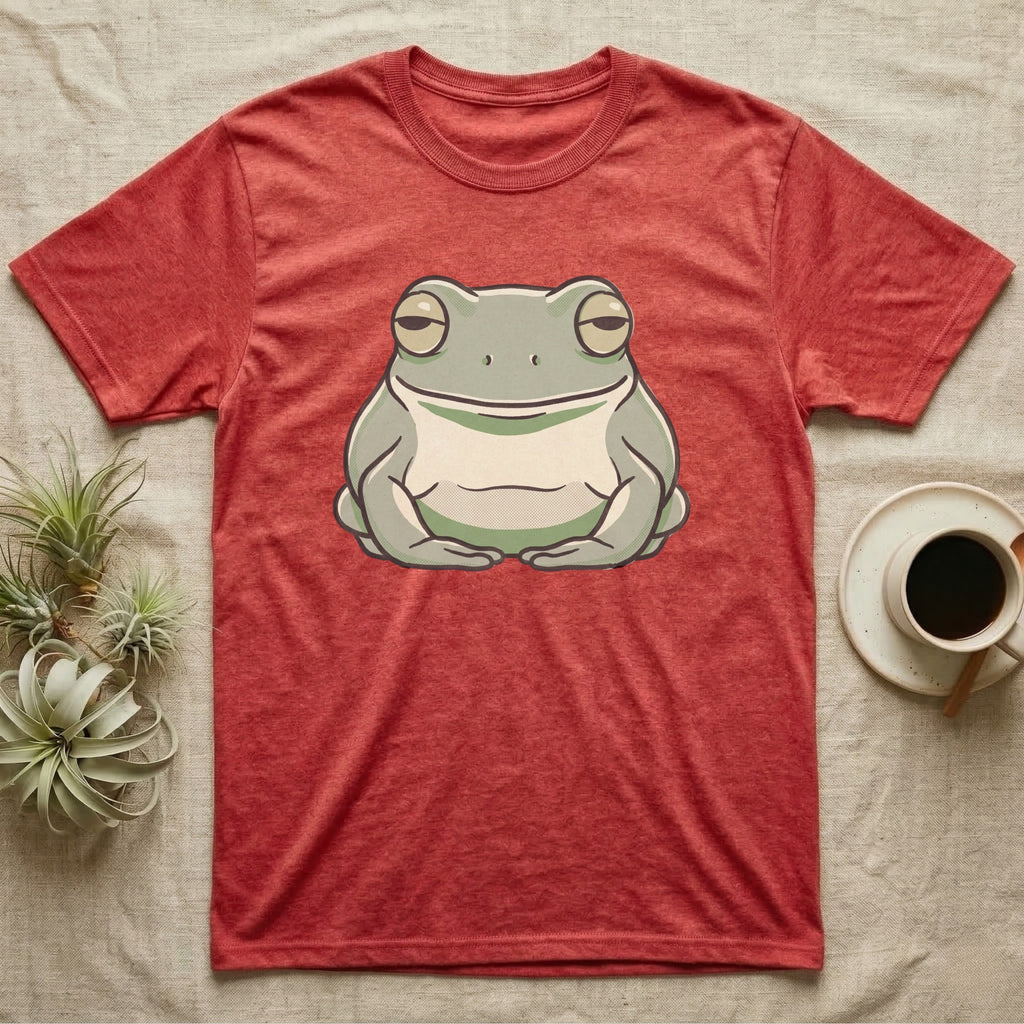 Tree Frog Deadpan T-Shirt in Heather Red — Bold vector portrait of a White's tree frog with a flat deadpan expression and a naturally smiling mouth line.