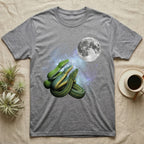 Green Tree Python Moon Howl T-Shirt in Sport Grey — Three Green Tree Python colour morphs howling at a full moon over a nebula on a dark grey t-shirt.