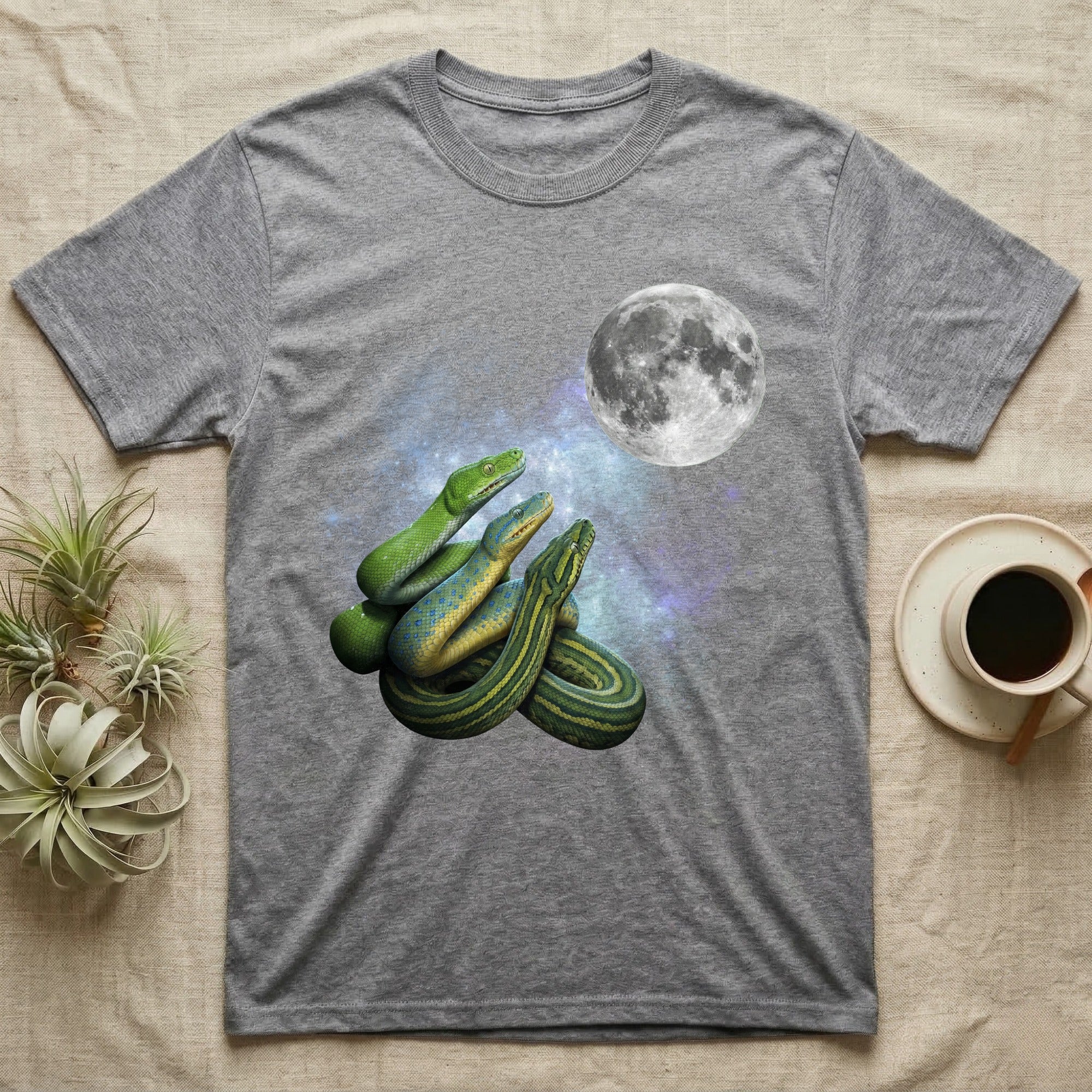 Green Tree Python Moon Howl T-Shirt in Sport Grey — Three Green Tree Python colour morphs howling at a full moon over a nebula on a dark grey t-shirt.