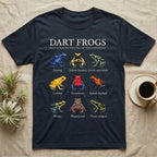 Dart Frog Chart T-Shirt in Navy — Watercolour chart of nine named poison dart frogs under a cream serif Dart Frogs title