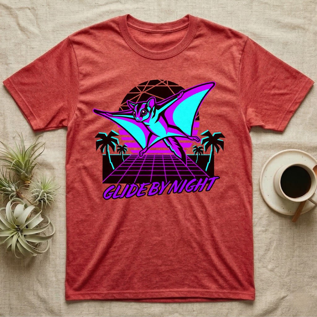 Gliding sugar glider with retro sunset and palm trees graphic on red t-shirt.