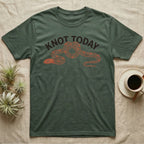Corn Snake Knot Today T-Shirt in Military Green — Worn-stamp corn snake stretched into a half-tied bow beneath a fat arched "KNOT TODAY" headline.